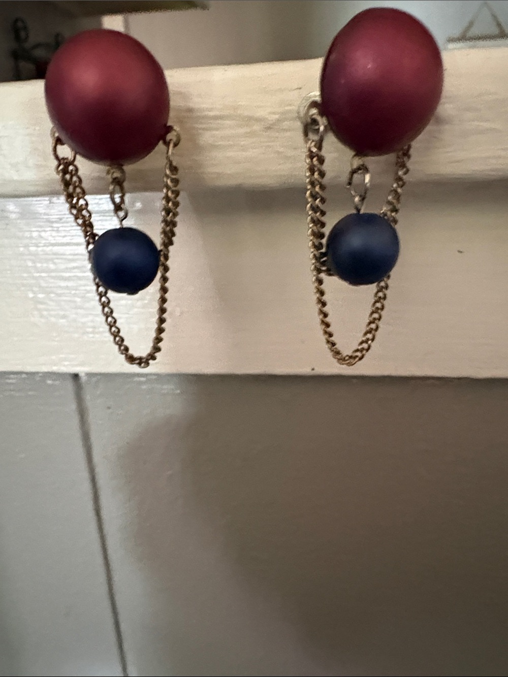 VINTAGE MATTE DEEP BLUE AND BURGUINDY DROP GOLD-TONE POST 1.9" EARRINGS